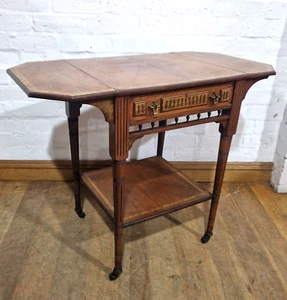 Antique Victorian Carved Walnut Flap Sided Folding 2 Tier Occasional Side Table - Picture 1 of 24