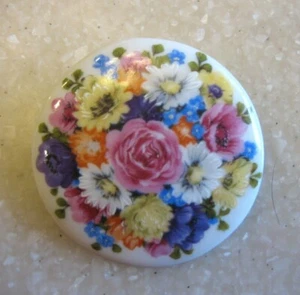 Circular Vintage Pin Brooch / Colorful Floral Transfer on Porcelain or China - Picture 1 of 4