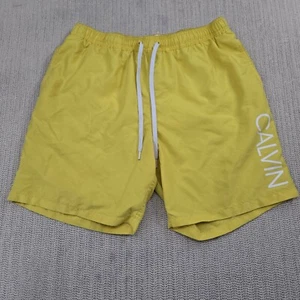 Calvin Klein Swim Trunks Shorts Mens Large Yellow Lined Pockets Spellout Logo - Picture 1 of 8