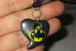 Batman Heart Pendant Black Necklace OOAK bead handmade - Picture 1 of 4