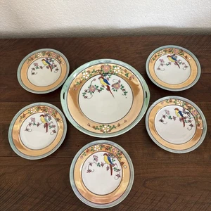 Vintage Nippon Hand Painted Porcelain Lusterware Plate Dish Bird Red Flowers - Picture 1 of 20