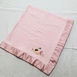 Disney Baby Winnie the Pooh Baby Blanket Pink Satin Trim Cotton Knit 30x34 - Picture 1 of 8