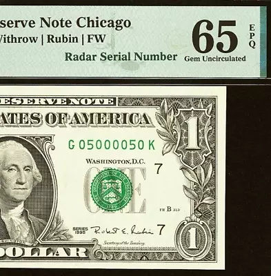 1995 $1 Federal Reserve Note PMG 65EPQ gem fancy radar serial number 05000050 - Image 1 of 3