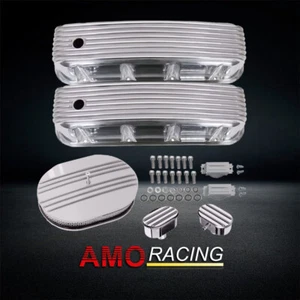 Polished Finned Alum Tall Valve Covers Fit BBC 65-95 &12" Air Cleaner & Breather - Picture 1 of 8