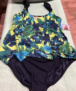 Beach Cabana Vtg Swim Suit Women's Size 3X Green One Piece Floral Minimizer - Picture 1 of 4