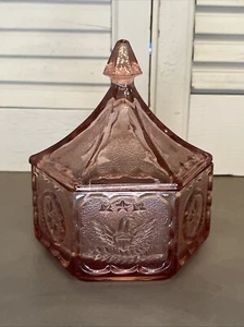 Indiana Tiara Hexagon Eagle Star Colonial Pink Glass Lidded Candy Dish - Picture 1 of 9