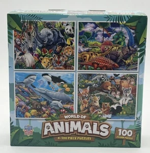 Masterpieces Kids Jigsaw Puzzle Set - World Of Animals 4-Pack 100 Pieces - Picture 1 of 6