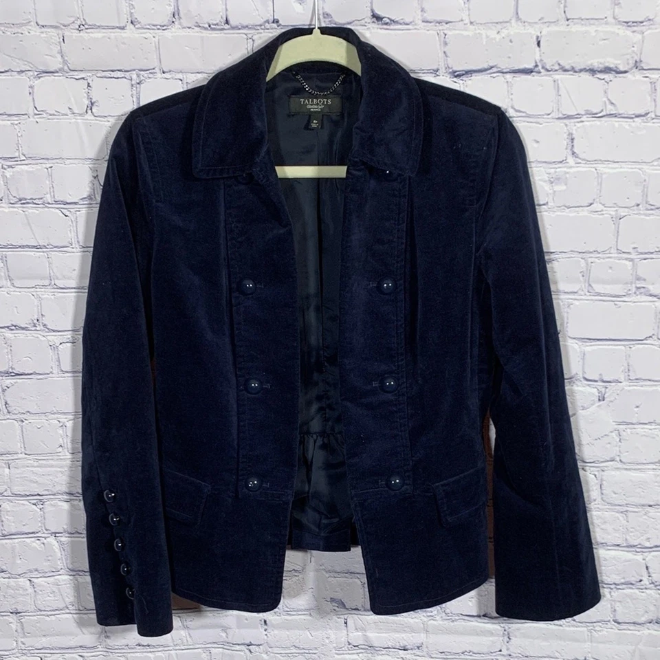 Talbots 女式天鹅绒西装外套海军蓝 8P 码 Corpcore 商务 Whimsigoth Grunge — 第 1/4 张图片