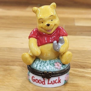 Disney - Winnie the Pooh- Hinged Porcelain Trinket Box (Good Luck) 🍀 Red Blue - Picture 1 of 15