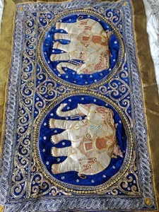 Wandteppich Elefanten Wandbehang burmesisch Thailand Handarbeit 140x92 gold blau - Bild 1 von 15