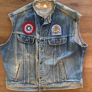 Vintage 1990s Lee Riders Jean Denim Vest Trucker Biker Made in USA XL W/Patches - Picture 1 of 8
