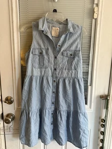 SO Denim Dress Tiered Sleeveless Lghtwt Cotton Comfy Button Front Vacay Sz M - Picture 1 of 5