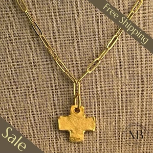 Susan Shaw Necklace Cross Paperclip Gold Chain Jewelry 24k TPG - Picture 1 of 11
