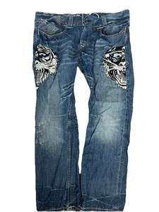 Ed Hardy Jeans Mens 44x34 Button Fly Embroidered Tiger - FREE Shipping - Picture 1 of 8