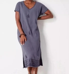 JJill Pure Jill L Embroidered VNeck Midi Dress in Dark Blue Shadow Cotton Beach - Picture 1 of 7