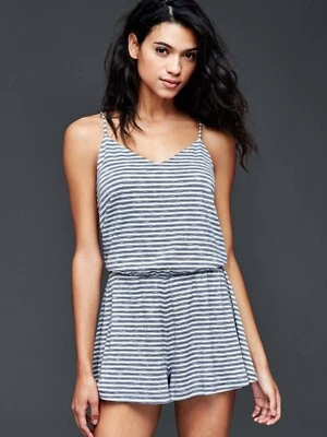 GAP Striped Cami Strap Romper SMALL Navy White Racerback Lined Slub Knit Stretch - Image 1 of 4