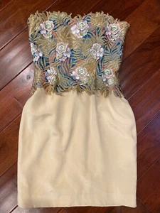 Liancarlo Couture nude multi 8 S floral embroidery Gold Trim Leafs dress $2740 - Picture 1 of 12
