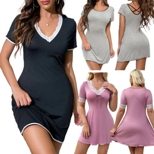 Women's Short-sleeved Nightdress Slim Lace Nightwear Babydoll Sleepwear Robe US - Picture 1 of 16