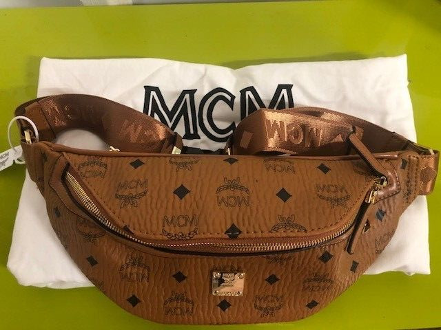 MCM Medium Fursten Belt Bag in Visetos Sea Turtle Green Used RARE