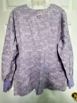 White Cross Scrub Jacket Size L-Purple/Grey Plaid Button Up-Chest 25"/L 29" - Image 1 of 4