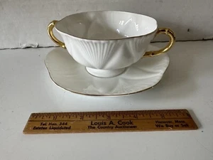Shelley White & Gold Dainty Regency Bouillon Cup & Saucer Cream Soup Bowl - Picture 1 of 8