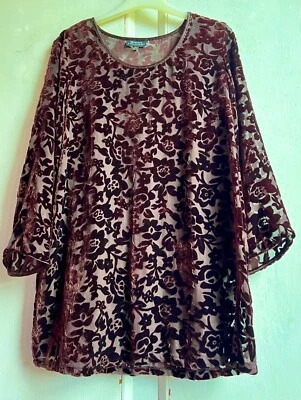 Top túnica MONSOON grande marrón mezcla de seda terciopelo Devoré detalles florales con cuentas Foto 1 de 4