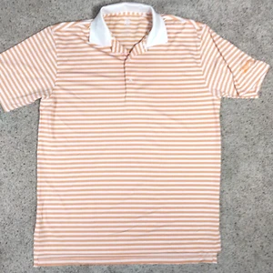 Turtleson Tour Performance Polo Shirt Medium Orange Striped "Holly Tree" - Picture 1 of 5