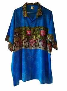 Oasis Beachwear Men's XL Blue Hawaiian Shirt Tropical Palm Trees & Motorcycles - Picture 1 of 5