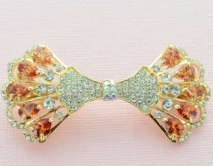 New Gold With Clear & Amber Crystal Bow 3'' Barrette - Picture 1 of 3