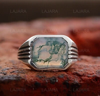 NATURAL MOSS AGATE MENS RING 925 STERLING SILVER RING SIGNET MENS RING - Image 1 of 4