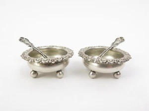 Antique Whiting Miniature Sterling Silver Open Salt Cellars & Spoons - Picture 1 of 6