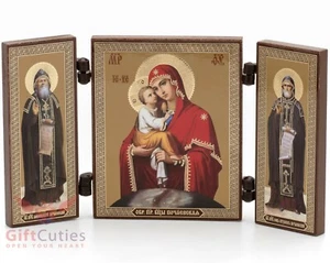 Folding Wooden Triptych Icon of Theotokos of Pochayiv Virgin Mary with Saints - Picture 1 of 7