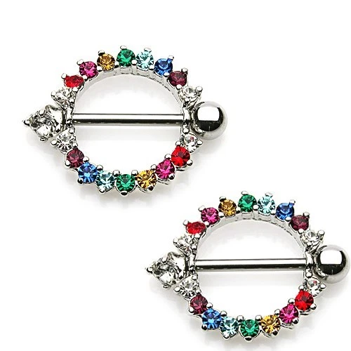 Pair 14g 5/8" Length gay pride rainbow gemmed round nipple shield / barbells Foto 1 de 1