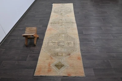 Alfombra de corredor turca vintage 3x11 pies lana anatolia hecha a mano pasillo Oushak BEIGE Foto 1 de 4