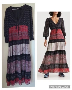 Desigual Bohemian Maxi Dress Small Lined Sheer Balloon Sleeve Drawstring Waist - Picture 1 of 11