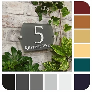 MODERN HOUSE NUMBER SIGN NAME ADDRESS PLAQUE DOOR PLATE SLATE GREY GLASS EFFECT - Picture 1 of 12