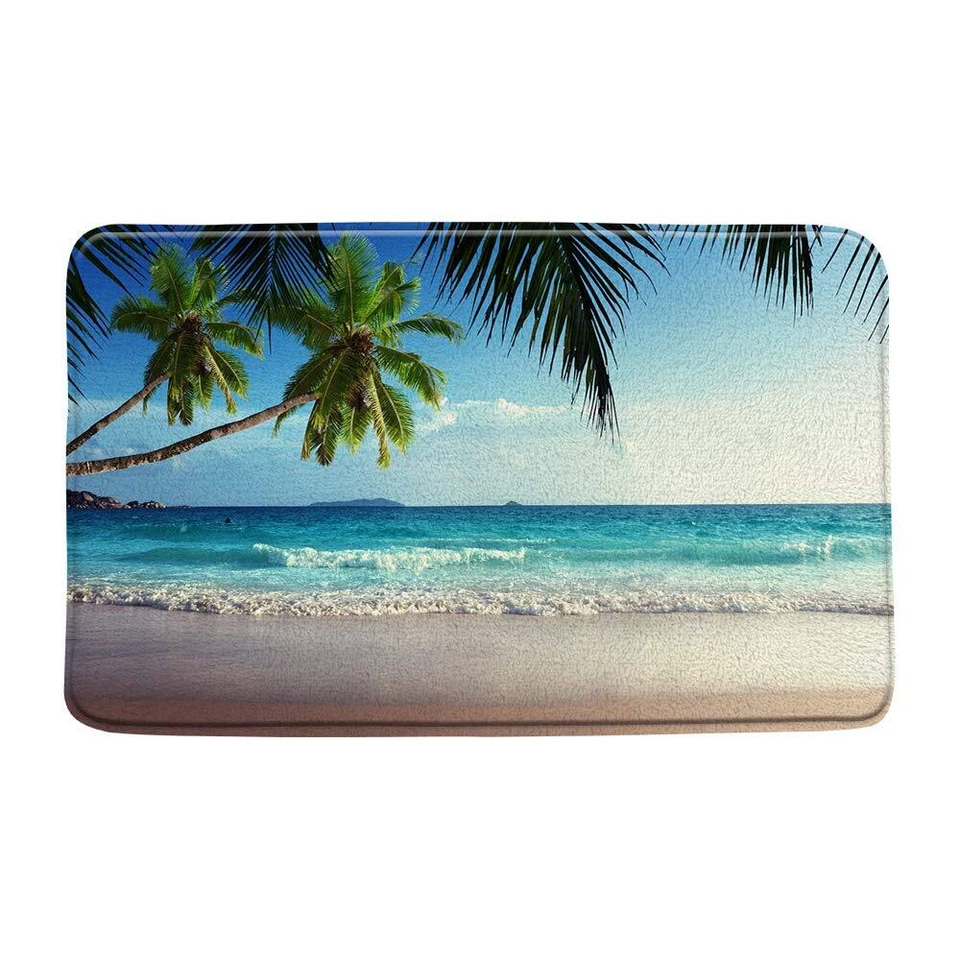 Beach View Bath Mat Ocean Beach Hawaiian Tropical Palm Tree Green Leaves Sea Wav