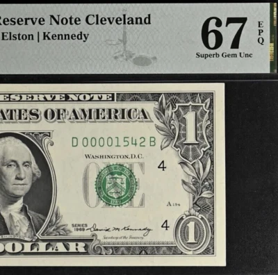 1969 $1 Federal Reserve Note - PMG 67EPQ - Birthday - Low Serial Number 00001542 - Image 1 of 3