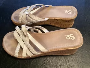 Vintage SO White Flip Flop Sandals Wedgie Cork 3”Wedge Heel Size 8.5 - Picture 1 of 5