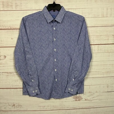 Bugatchi Shirt Mens Button Up L Shaped Fit Long Sleeve Blue Paisley Flip Cuff - Image 1 of 4
