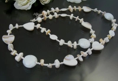 Kette lange Halskette BOHO Vintage echt Perlmutt Herz weiß 78-84cm Schmuck Z81 - Bild 1 von 2