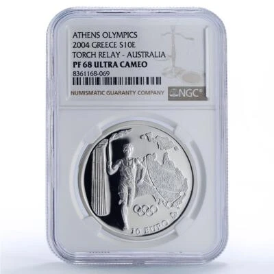 Greece 10 euro Olympics Torch Relay Athens Australia PF68 NCG silver coin 2004 - Image 1 of 4
