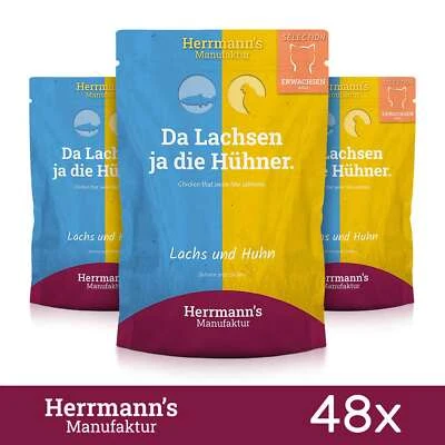 48x Herrmanns Katzenfutter Lachs, Bio Huhn Karotte Kokosflocken Tiernahrung 100g - Bild 1 von 2