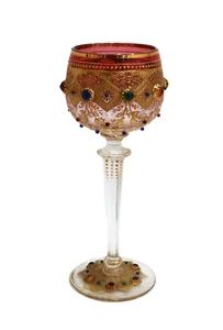 Moser Cranberry Red to Clear Gold Encrusted Cabochon Glass Wine Goblet c1900 - Picture 1 of 6