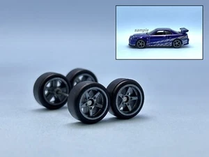 R023 Hotwheels 1/64 Real Riders# 5 Spoke 10mm Long vNFT Nissan R34 Rubber Wheels - Picture 1 of 6