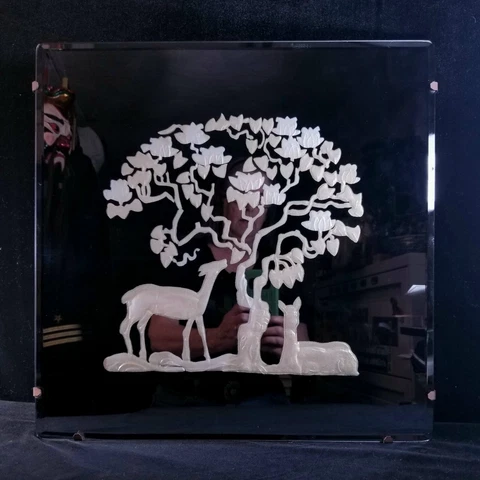 Antique 1920s 1930s Art Nouveau Deco Etched 18" Square Wall Mirror W Tree & Deer Cover