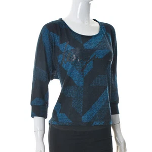 Desigual Women's Top Tunic Sweater Large L 3/4 Sleeve Scoop Neck Dark Blue - Picture 1 of 5