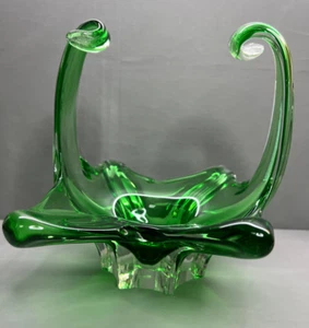 Vintage Murano Large Fruit Bowl Basket Hand Blown Green Uranium Vaseline Glass - Picture 1 of 10