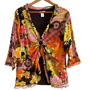 Vtg Laura Ashley Babydoll Floral Top 2X Mesh Colorful Stretch Festival Hippie - Picture 1 of 11