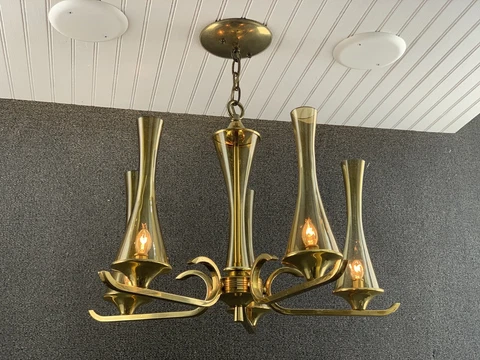 Mid Century Modern Swedish Brass & 5 Ekenas Yellow Glass Chimney Chandelier Cover